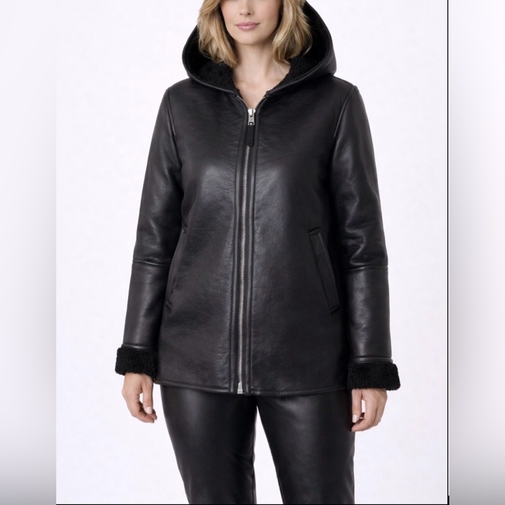 Bearpaw Faux Leather Sherpa Full Zip Hooded Women’s Black Jacket Sz L NWT